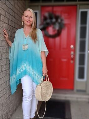 🆕🩵AQUA Ombre V-Neck Tunic kaftan style L/Xl